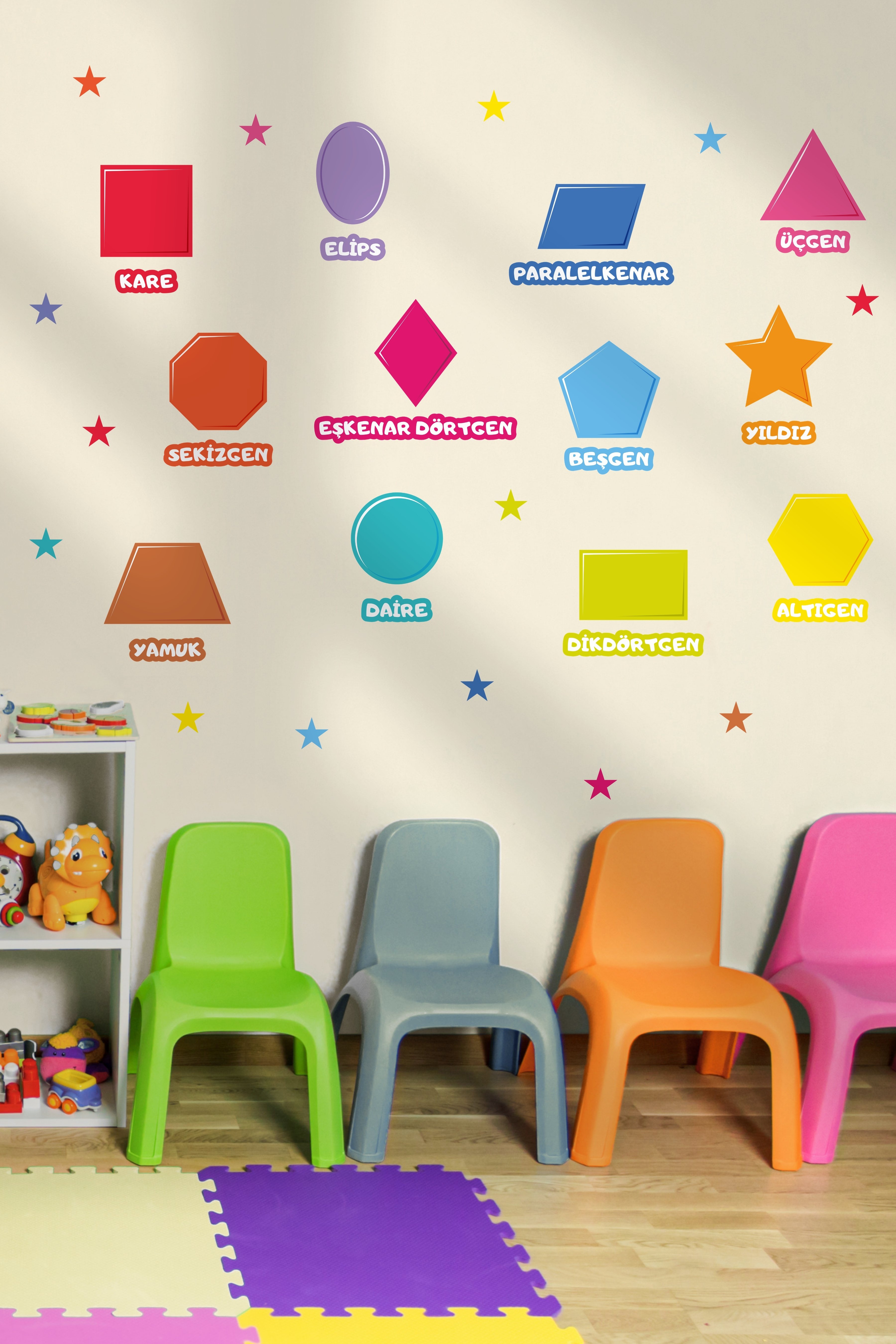 Geometrik Şekiller Eğitici Anaokulu Çocuk Odası Kreş Duvar Kapı Cam Sticker Seti