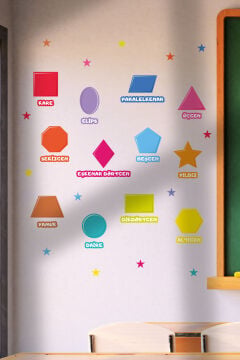 Geometrik Şekiller Eğitici Anaokulu Çocuk Odası Kreş Duvar Kapı Cam Sticker Seti