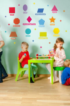 Geometrik Şekiller Eğitici Anaokulu Çocuk Odası Kreş Duvar Kapı Cam Sticker Seti