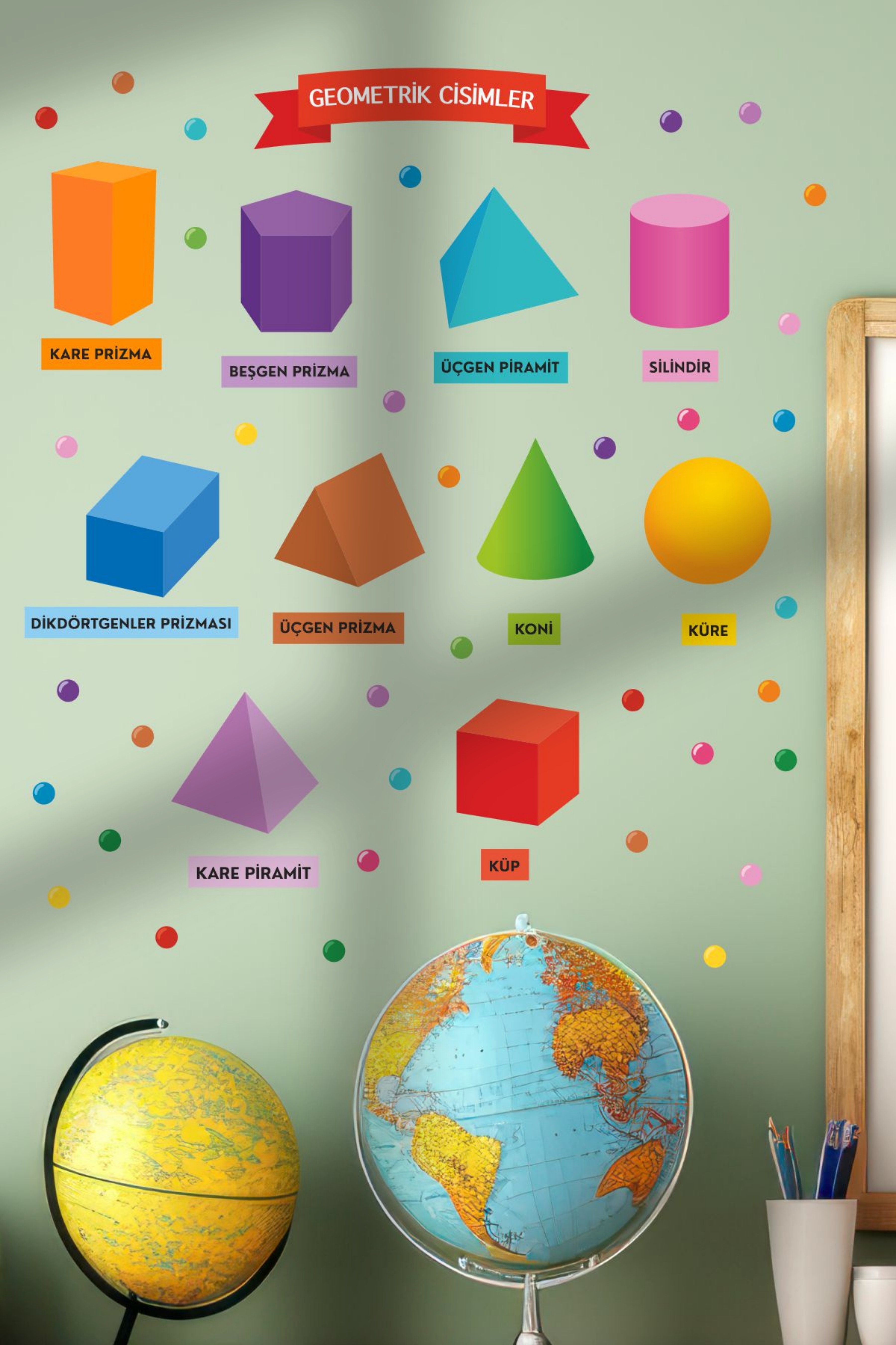 Geometrik Cisimler Eğitici Anaokulu Çocuk Odası Kreş Duvar Kapı Cam Sticker Seti