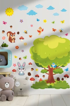 Büyük Ağaç Ve Hayvanlar Çocuk Odası Anaokulu Kreş Duvar Kapı Cam Sticker Seti