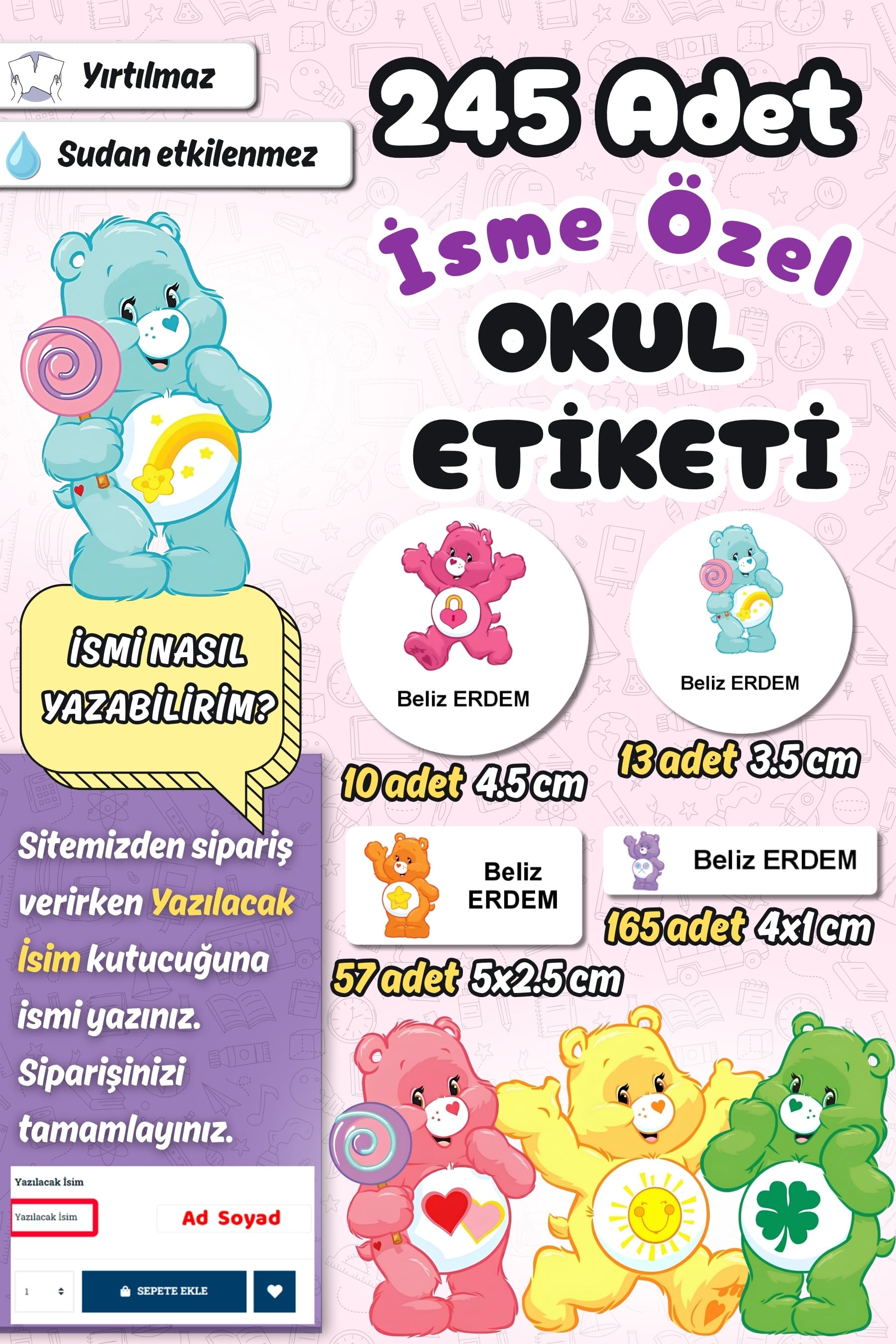 Okul Etiketi Care Bears Ayıcık Kalem Defter Etiketi Özel İsim Yazılabilen Etiket 245 Adet İsim Etiketi