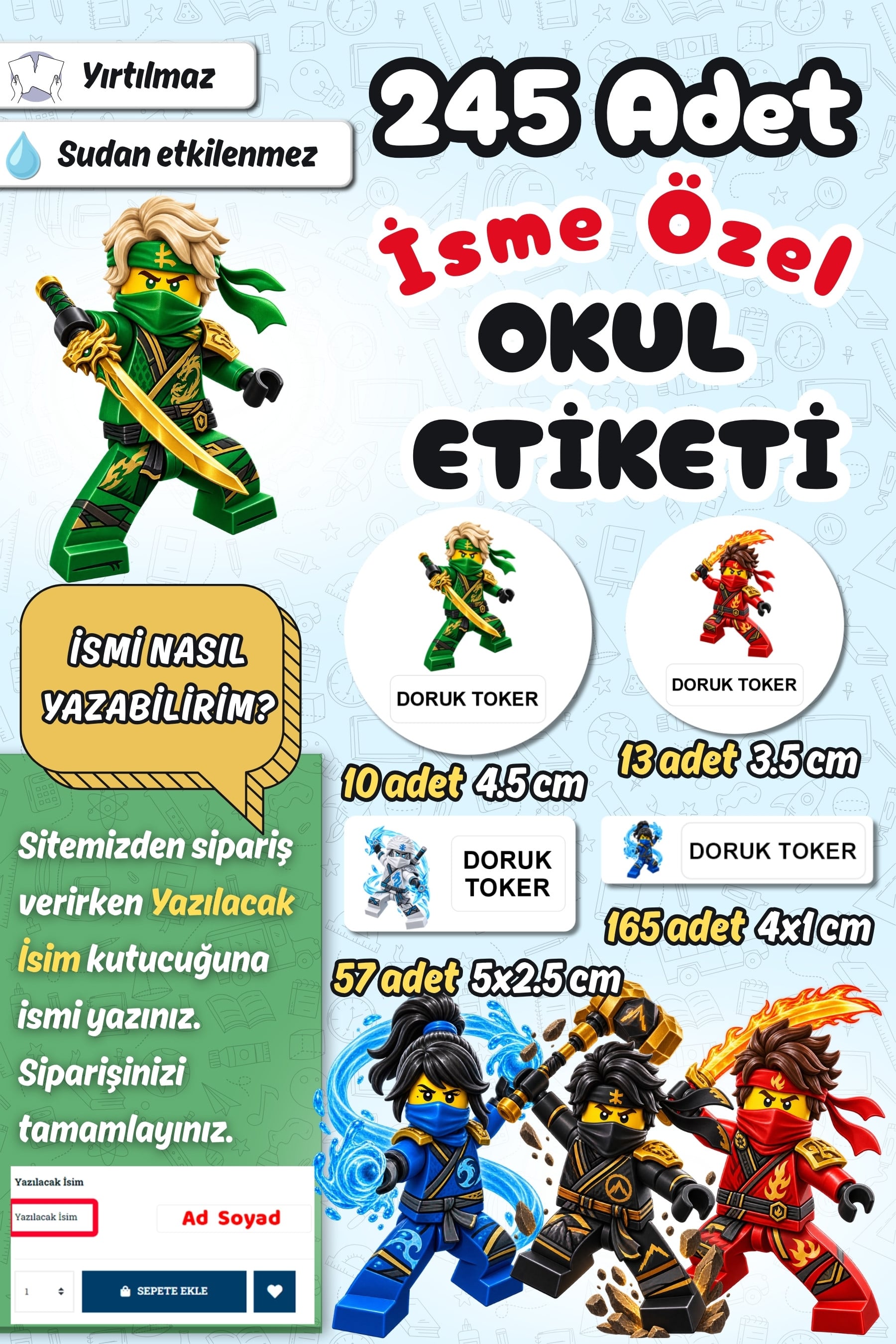 Okul Etiketi Ninjago Lego Kalem Defter Etiketi Özel İsim Yazılabilen Etiket 245 Adet İsim Etiketi