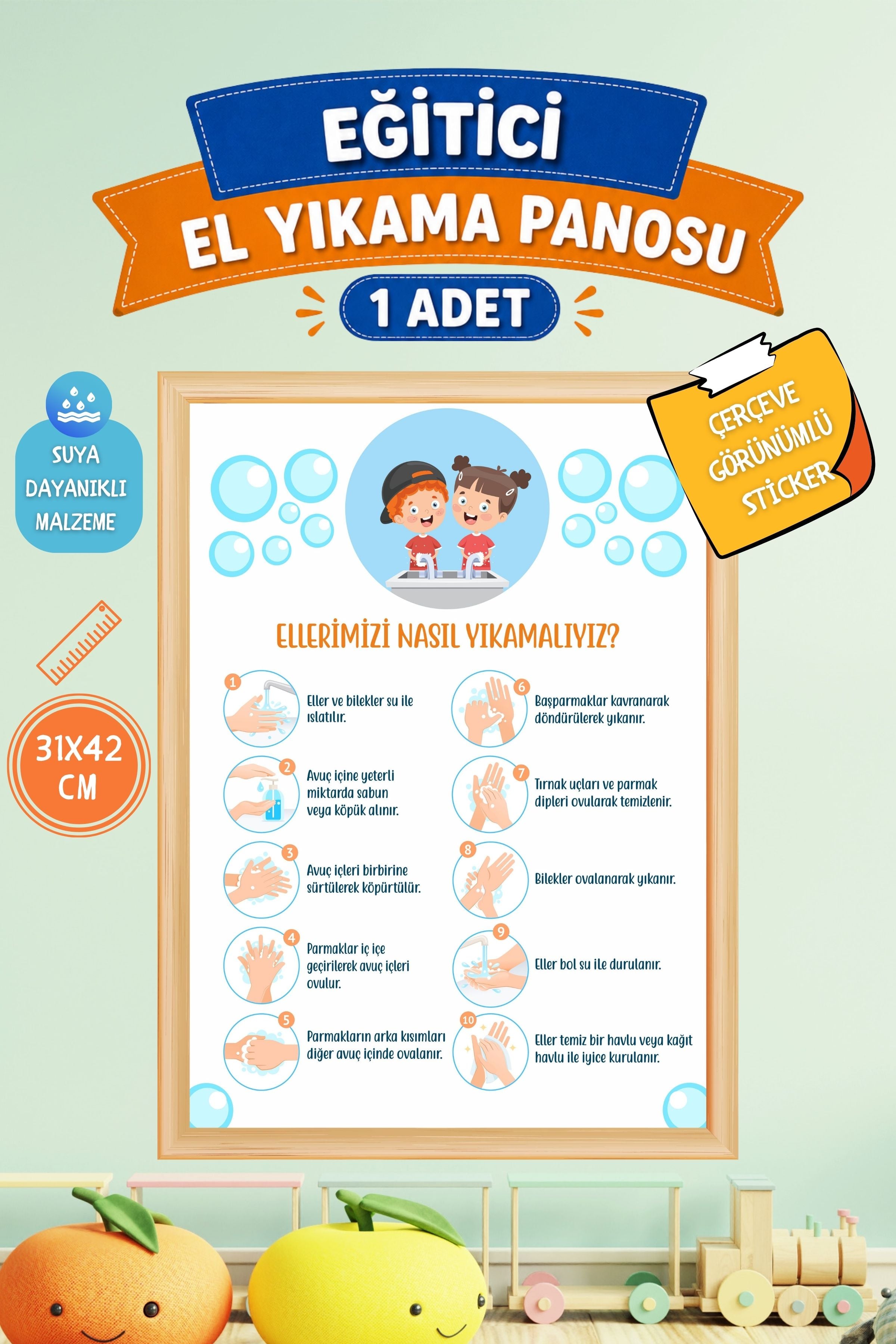 El Yıkama Tablosu Eğitici Sticker Su Geçirmez Anaokul Okul Banyo Duvar Cam Sticker