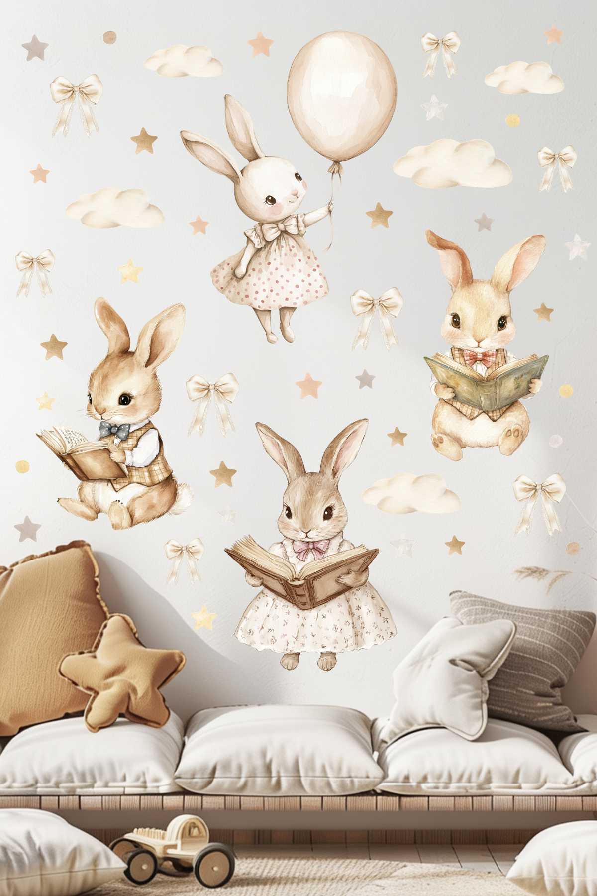 Kitap Okuyan Vintage Tavşanlar Çocuk Ve Bebek Odası Duvar Kapı Cam Sticker Seti
