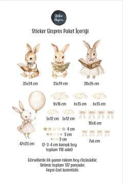 Kitap Okuyan Vintage Tavşanlar Çocuk Ve Bebek Odası Duvar Kapı Cam Sticker Seti