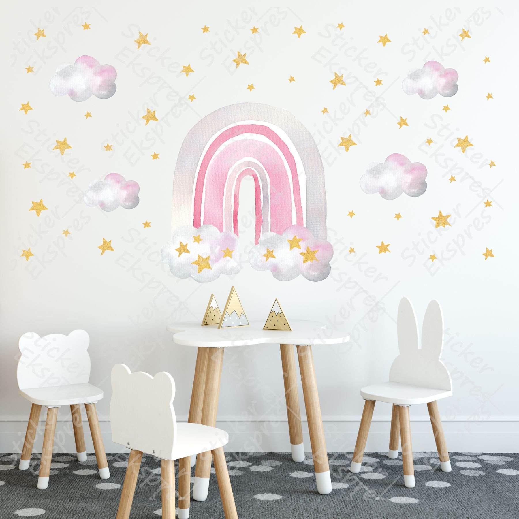 Sim Efektli Bulutlu Yıldızlı Gökkuşağı Sticker Set