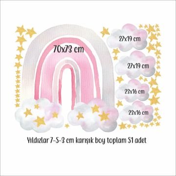 Sim Efektli Bulutlu Yıldızlı Gökkuşağı Sticker Set