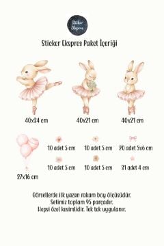 Balerin Bale Yapan Tavşanlar Çocuk Odası Duvar Kapı Cam Sticker Seti
