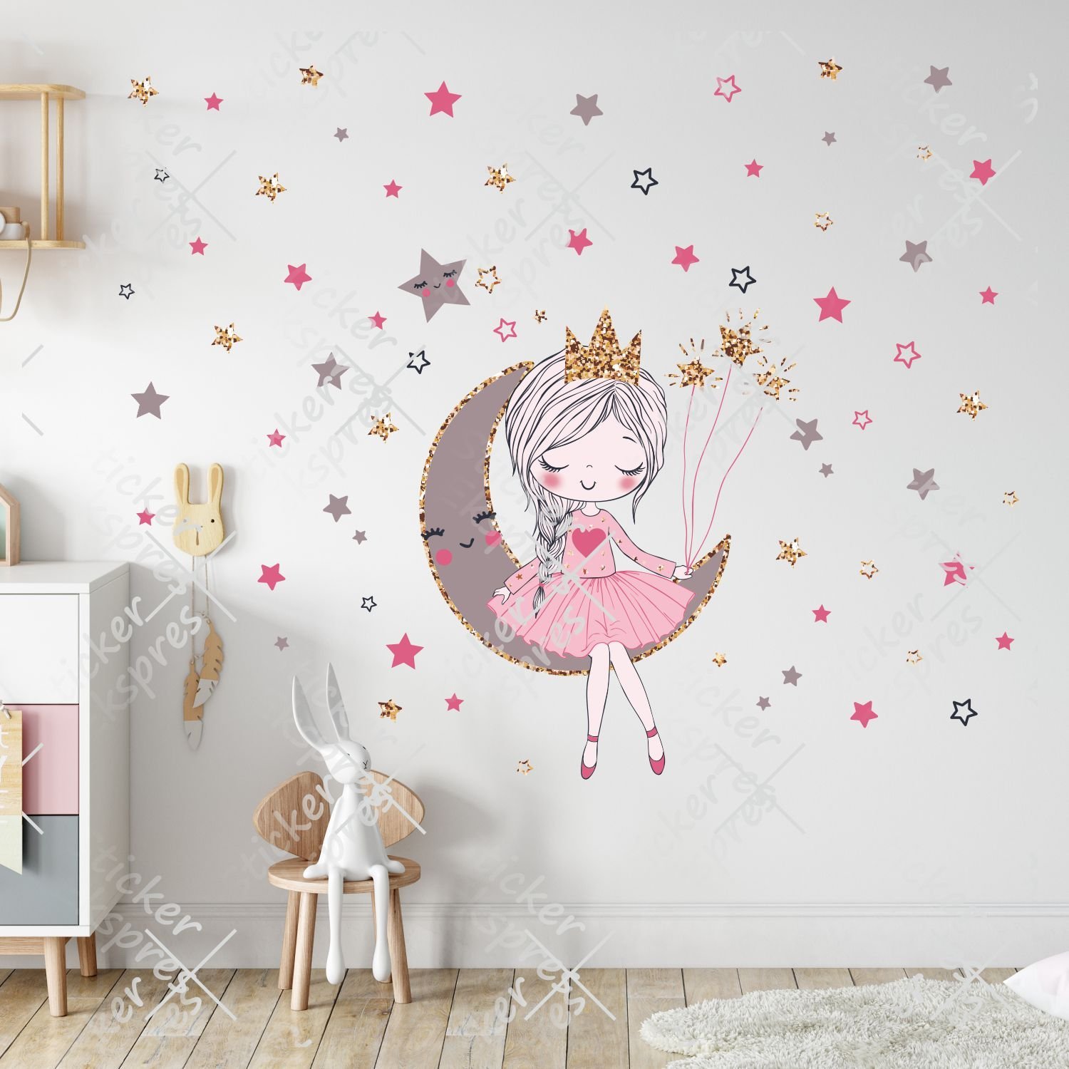 Ayda Oturan Sevimli Kız Sticker Set