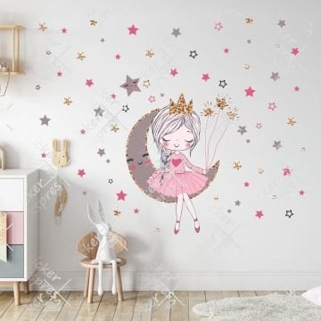 Ayda Oturan Sevimli Kız Sticker Set