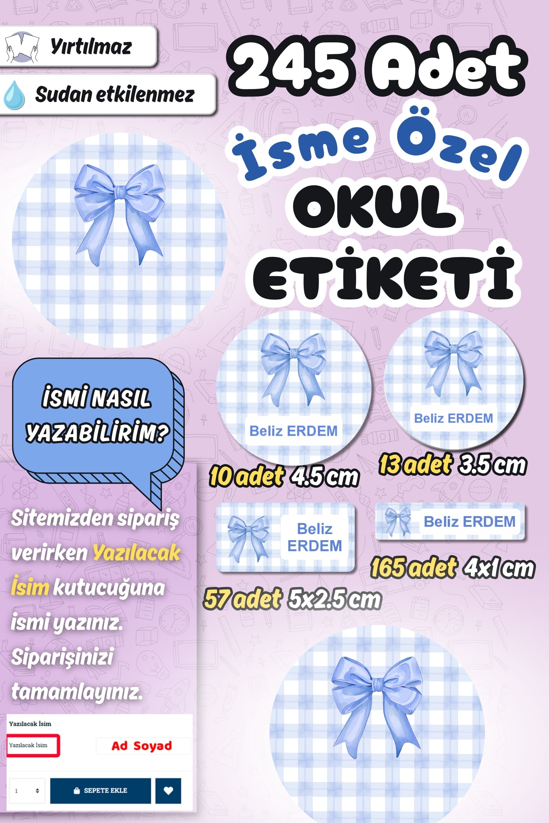Okul Etiketi Mavi Kurdeleli Ekose Kalem Defter Etiketi Özel İsim Yazılabilen Etiket 245 Adet İsim Etiketi