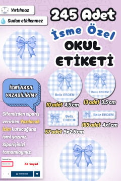 Okul Etiketi Mavi Kurdeleli Ekose Kalem Defter Etiketi Özel İsim Yazılabilen Etiket 245 Adet İsim Etiketi