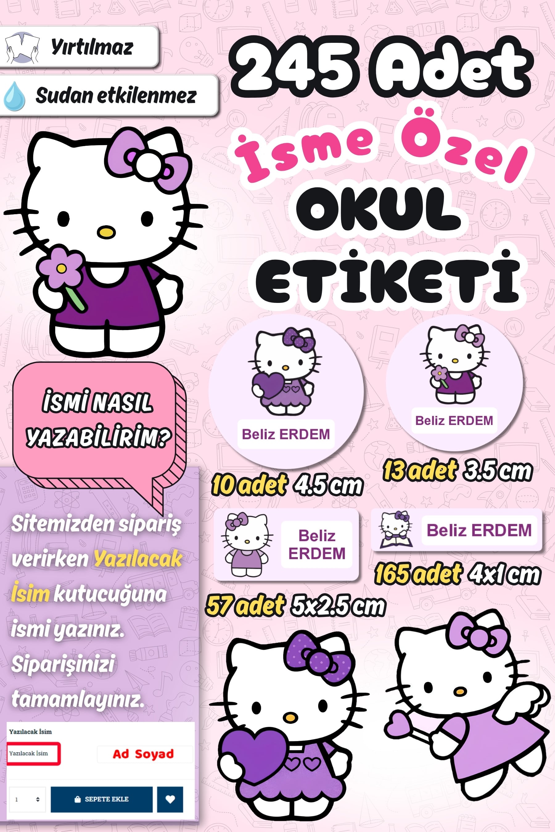 Okul Etiketi Lila Hello Kitty Kalem Defter Etiketi Özel İsim Yazılabilen Etiket 245 Adet İsim Etiketi
