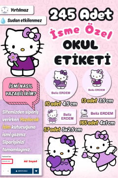 Okul Etiketi Lila Hello Kitty Kalem Defter Etiketi Özel İsim Yazılabilen Etiket 245 Adet İsim Etiketi