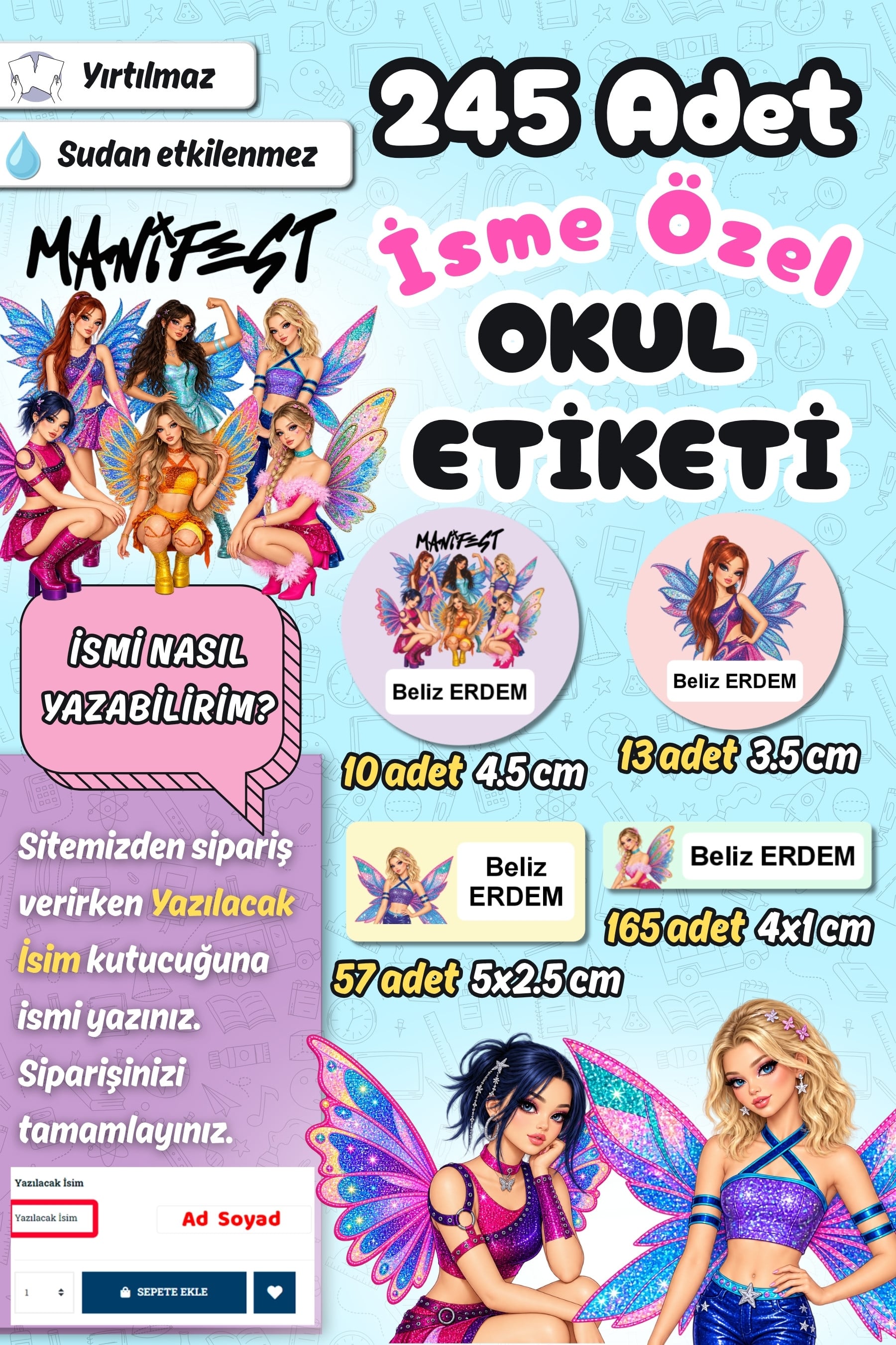 Okul Etiketi Renkli Manifest Kalem Defter Etiketi Özel İsim Yazılabilen Etiket 245 Adet İsim Etiketi
