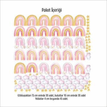 Gold Sim Efektli Suluboya Gökkuşakları Bulut Yıldız Sticker Set