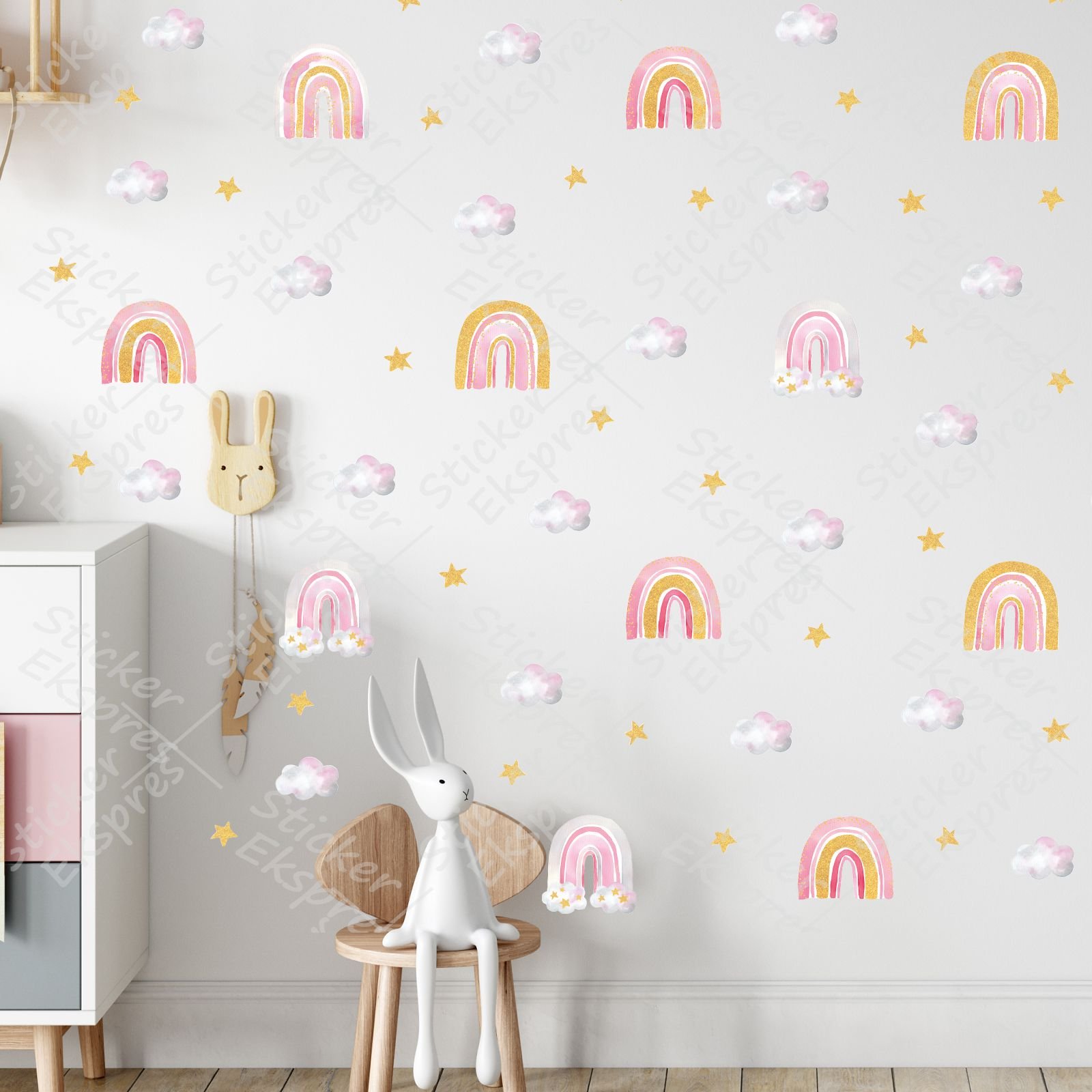 Gold Sim Efektli Suluboya Gökkuşakları Bulut Yıldız Sticker Set