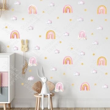 Gold Sim Efektli Suluboya Gökkuşakları Bulut Yıldız Sticker Set
