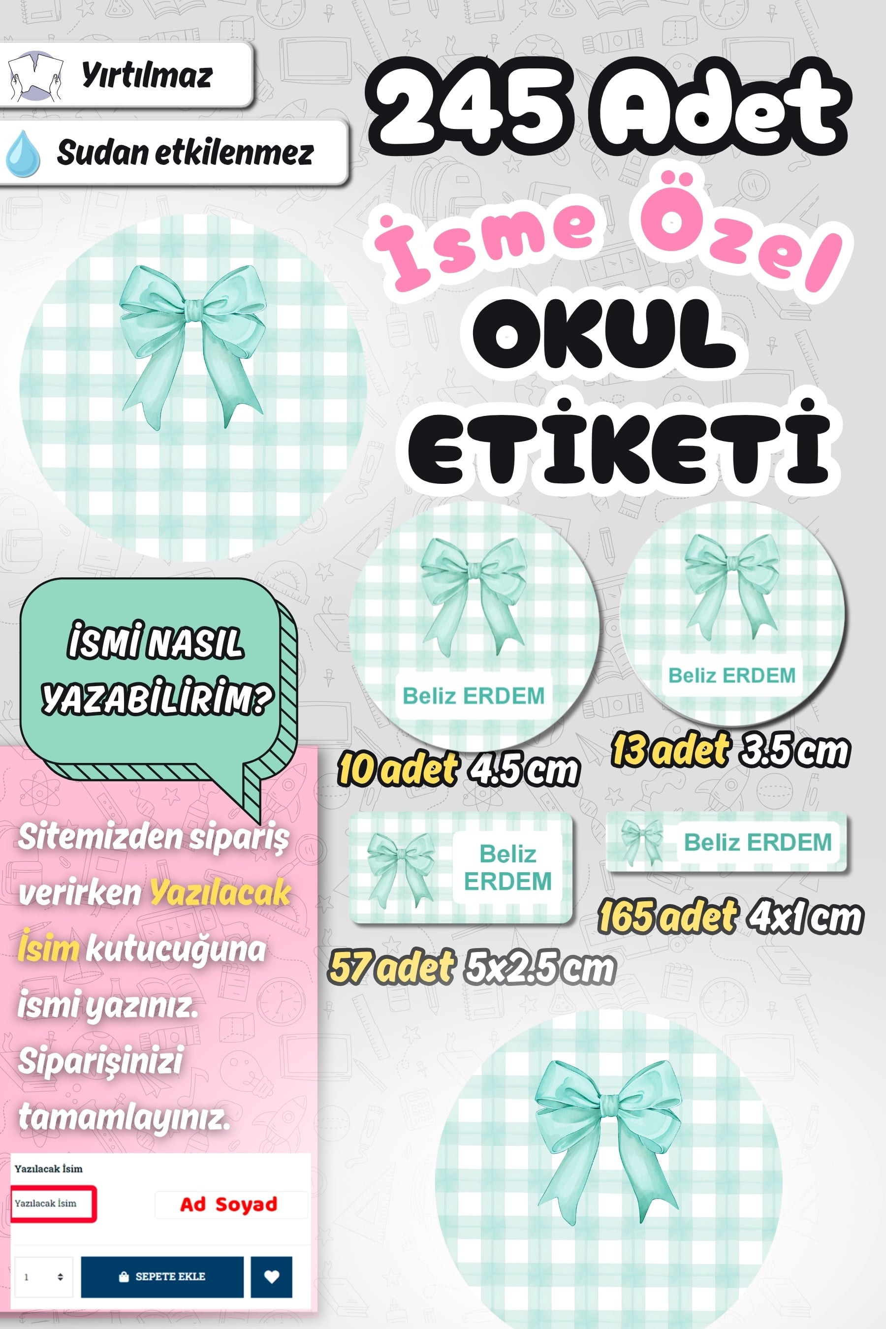 Okul Etiketi Yeşil Kurdeleli Ekose Kalem Defter Etiketi Özel İsim Yazılabilen Etiket 245 Adet İsim Etiketi