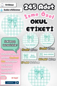 Okul Etiketi Yeşil Kurdeleli Ekose Kalem Defter Etiketi Özel İsim Yazılabilen Etiket 245 Adet İsim Etiketi