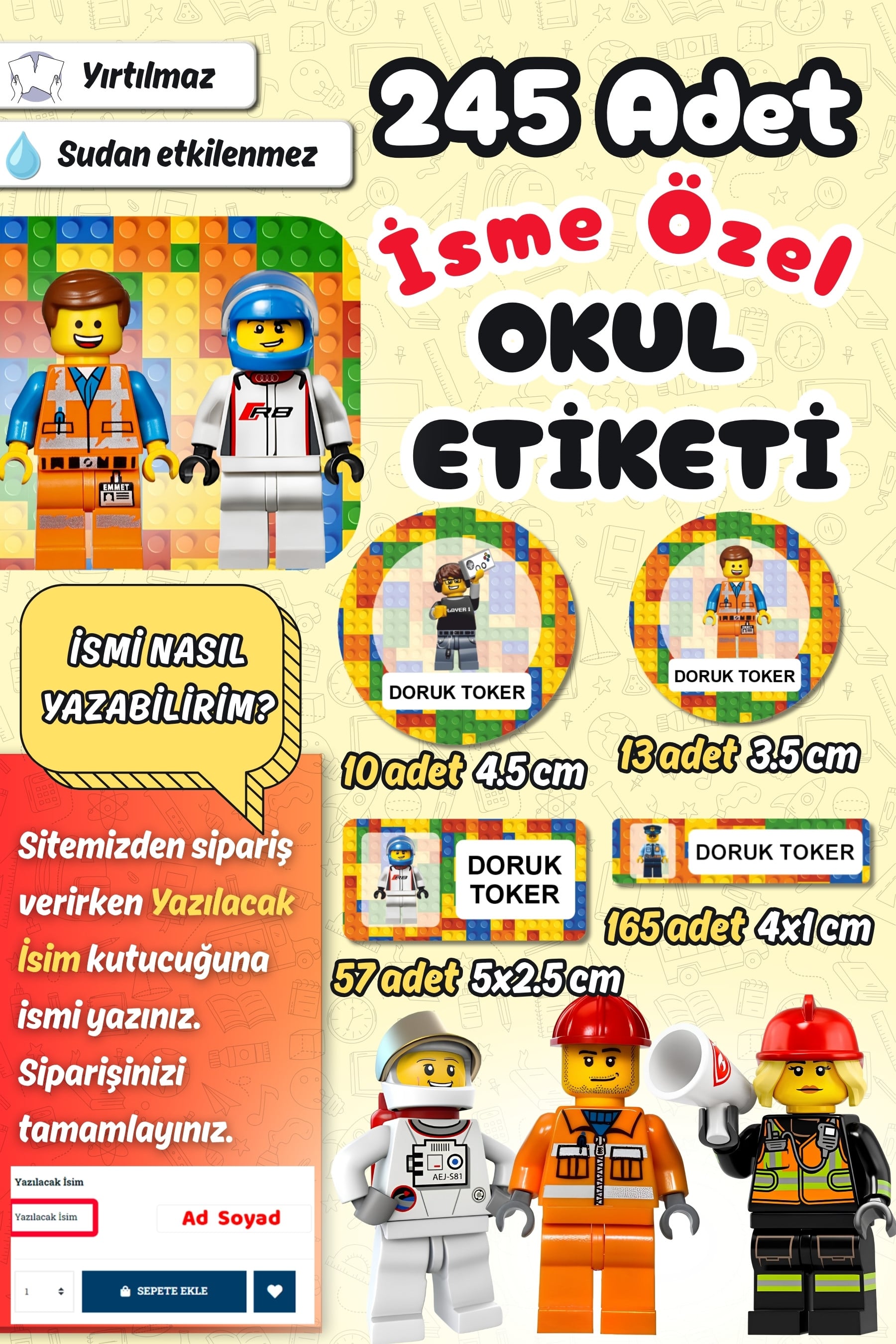 Okul Etiketi Lego Temalı Kalem Defter Etiketi Özel İsim Yazılabilen Etiket 245 Adet İsim Etiketi