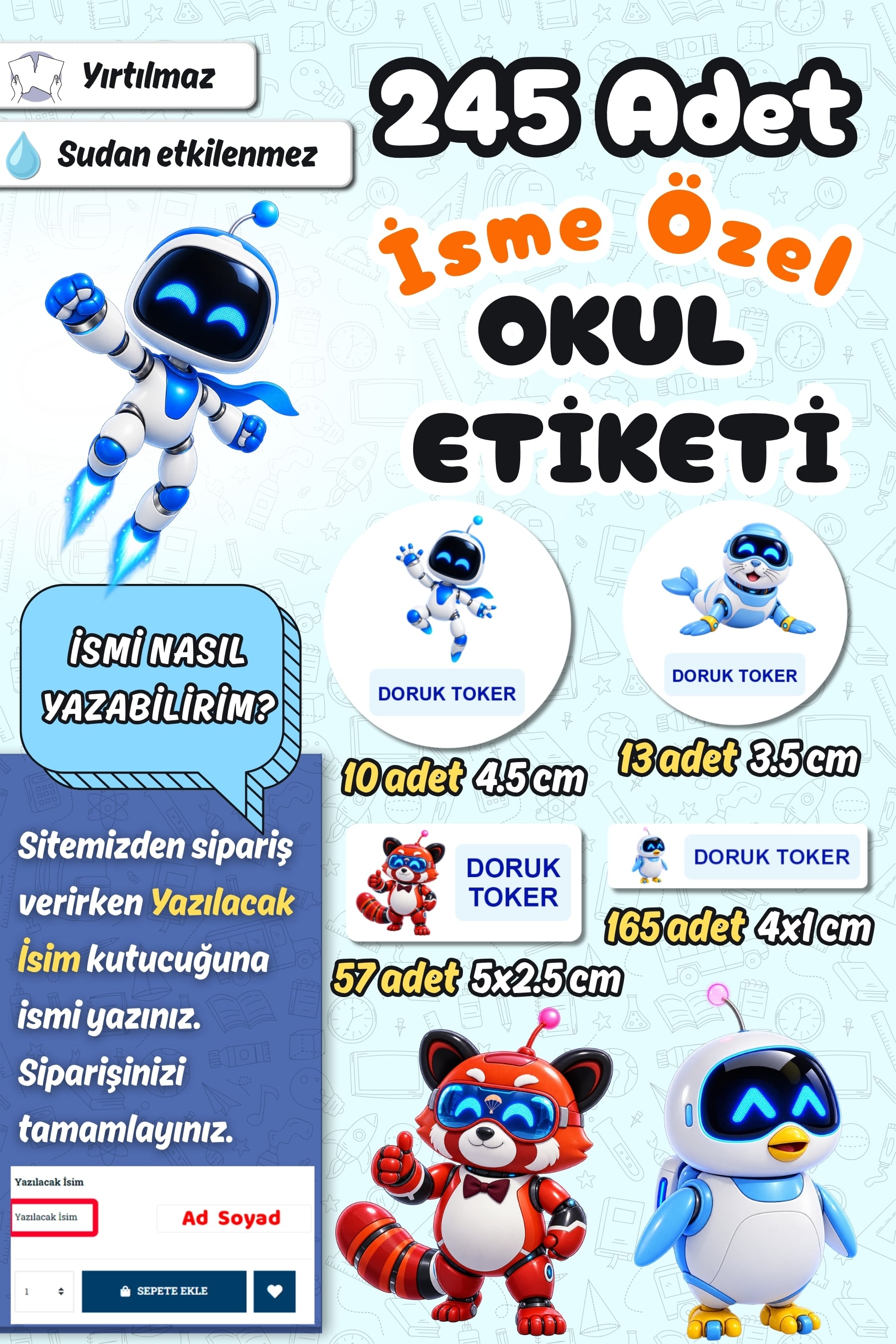 Okul Etiketi Astro Bot Kalem Defter Etiketi Özel İsim Yazılabilen Etiket 245 Adet İsim Etiketi