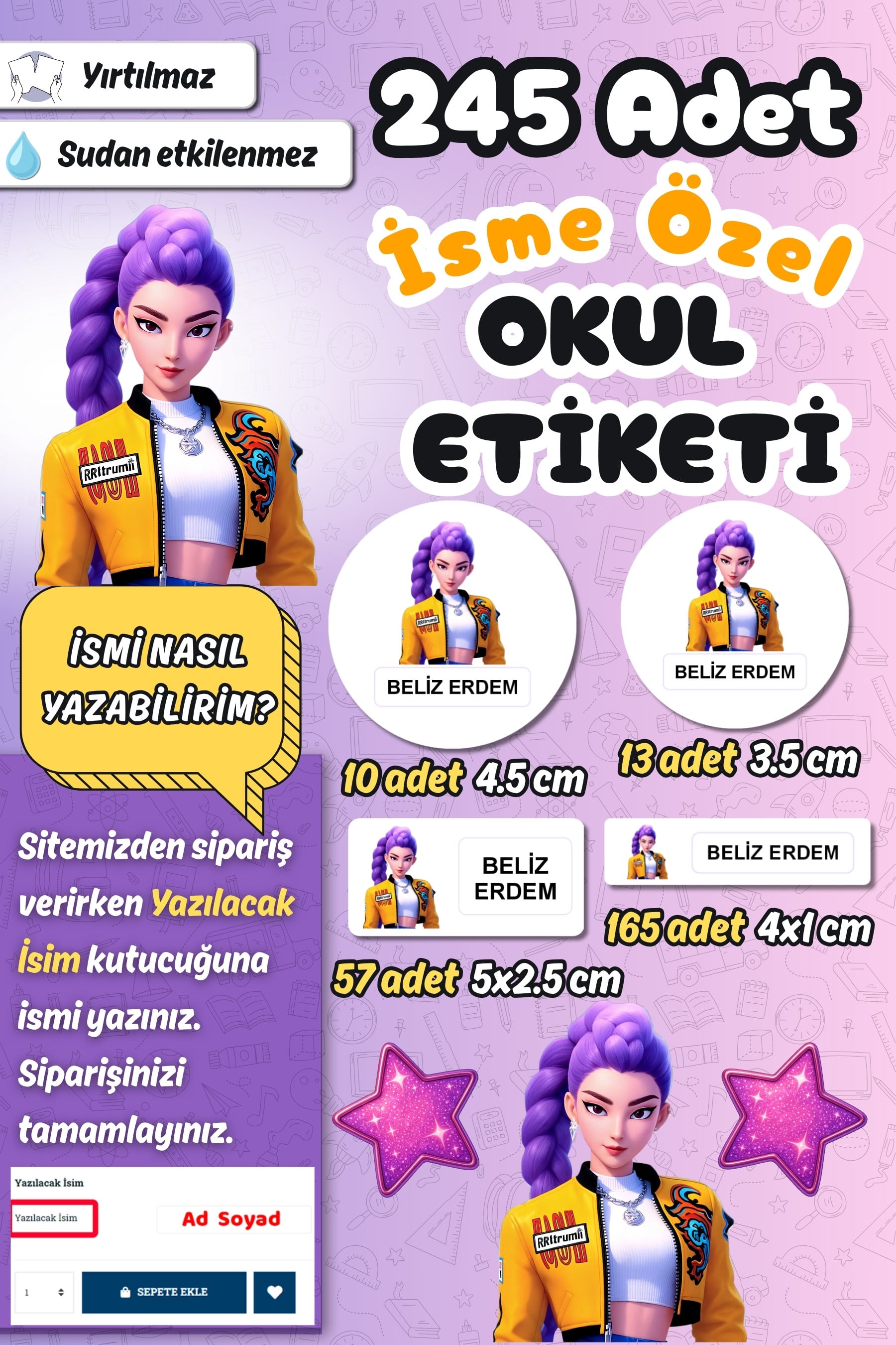 Okul Etiketi Rumi KPop Demon Hunters Kalem Defter Etiketi Özel İsim Yazılabilen Etiket 245 Adet İsim Etiketi