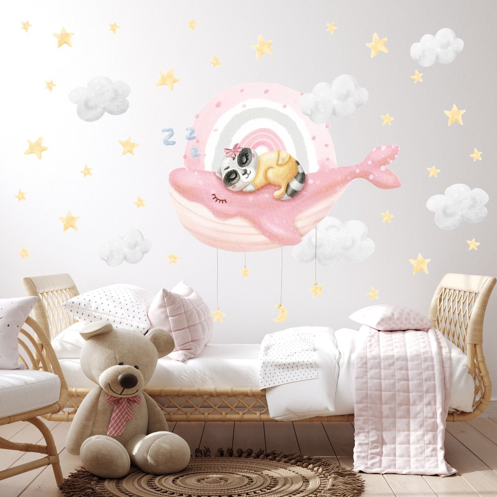 Uyuyan Sevimli Balina ve Rakun Sticker Set