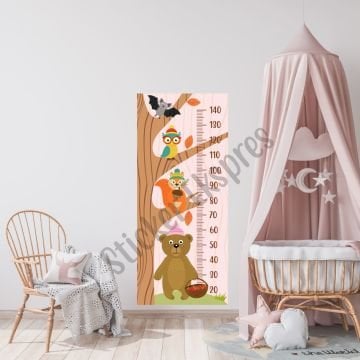 Soft Pembe Zeminli Ağaç ve Arkadaş Hayvanlar Boy Cetveli