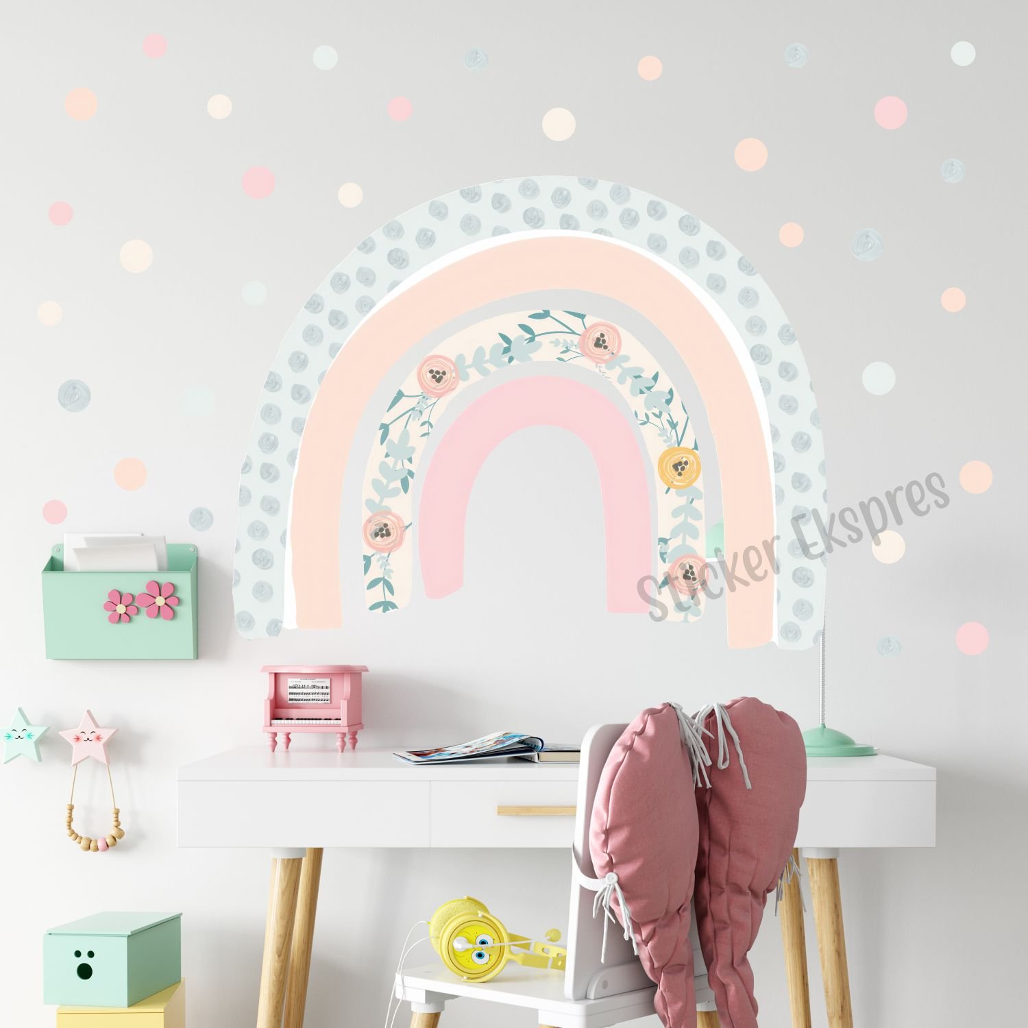 Çiçekli Pembeli Soft Gökkuşağı ve Puantiyeler Sticker Set