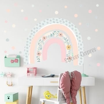 Çiçekli Pembeli Soft Gökkuşağı ve Puantiyeler Sticker Set