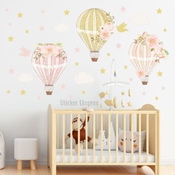 Sarı Pembe Çiçekli Balonlar Sticker Set