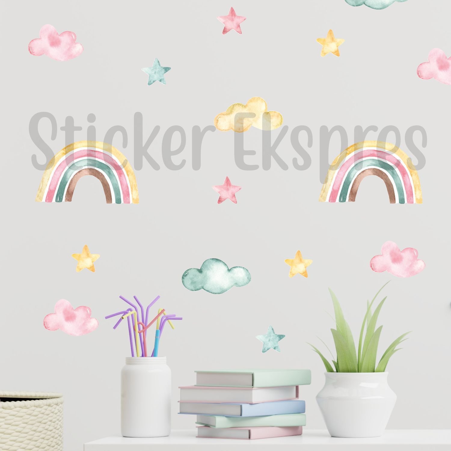 Gökkuşağı Bulut Yıldız Duvar Sticker Seti