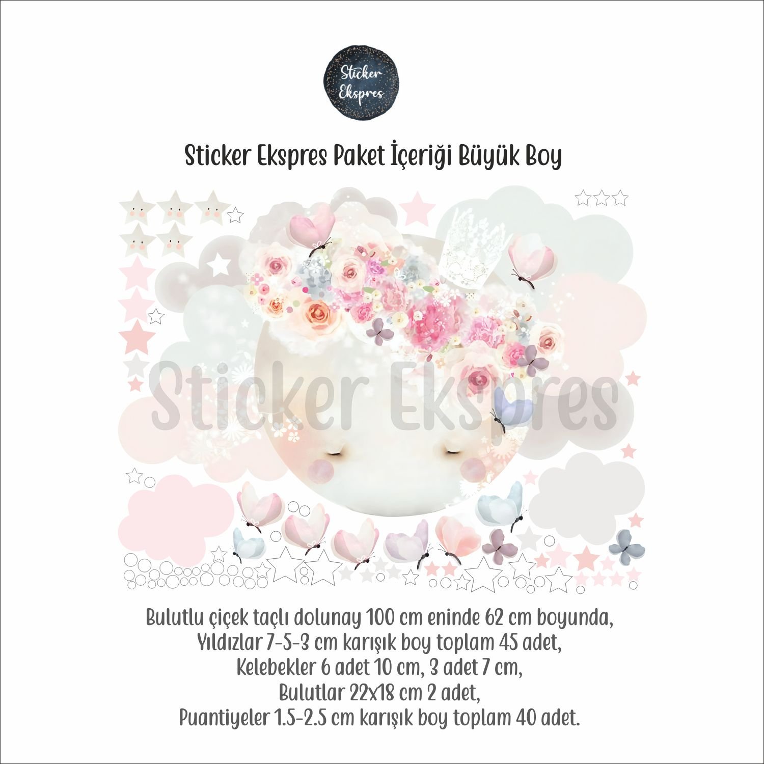 Çiçek Taçlı Dolunay Sticker Set Büyük Boy