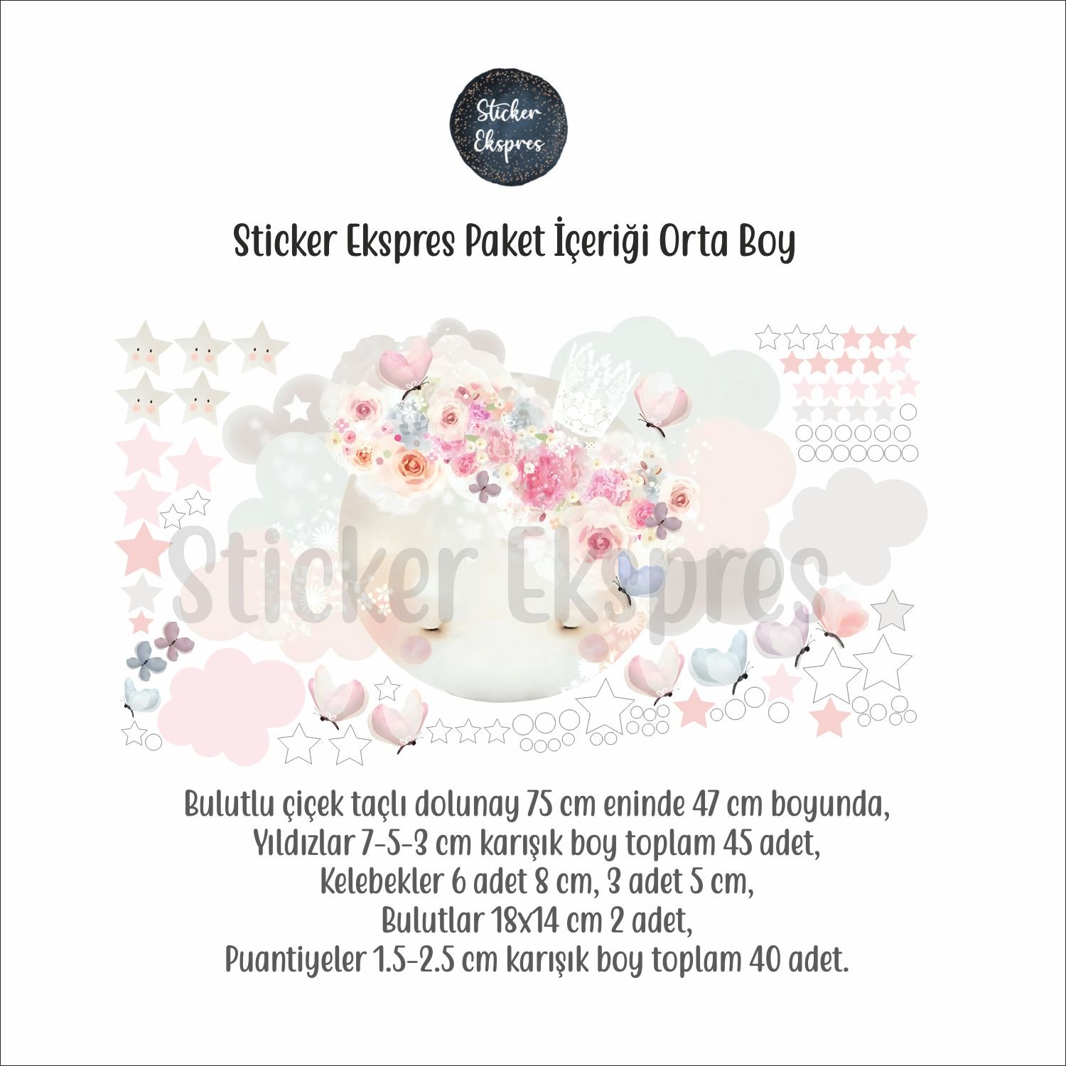 Çiçek Taçlı Dolunay Sticker Set Orta Boy