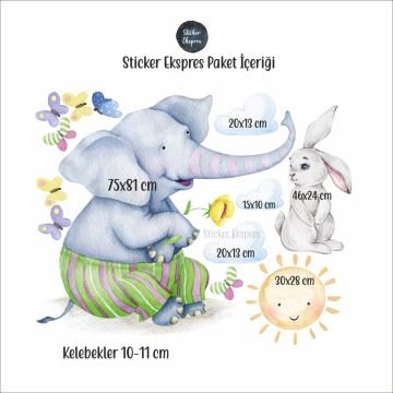 Mutlu Fil ve Tavşan Arkadaşlar Çocuk Odası Sticker Seti