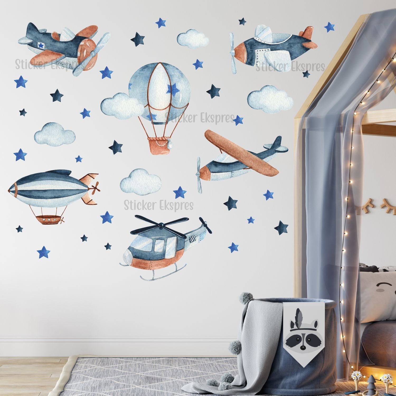 Lacivert ve Mavi Hava Taşıtları Çocuk Odası Sticker Seti