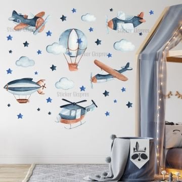 Lacivert ve Mavi Hava Taşıtları Çocuk Odası Sticker Seti