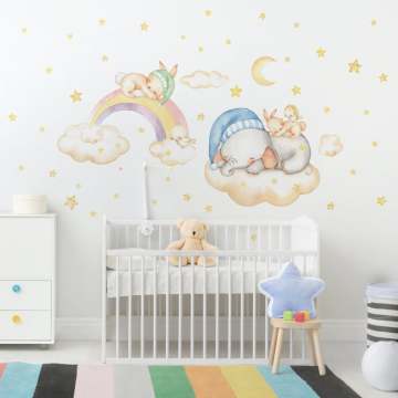 Uyuyan Sevimli Fil ve Tavşan Sticker Set