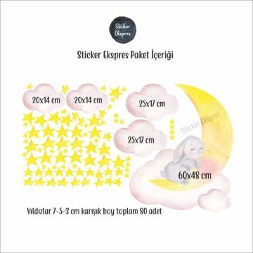 Ayda ve Bulutta Uyuyan Tavşan Çocuk Odası Sticker Set