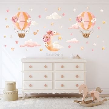 Turuncu Pembe Çiçekli Balonlar ve Aydede Sticker Set