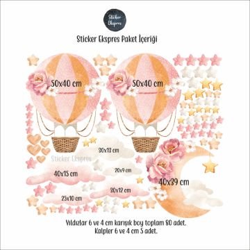 Turuncu Pembe Çiçekli Balonlar ve Aydede Sticker Set