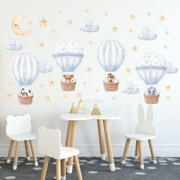 Sevimli Hayvanlı Mavi Balonlar Sticker Set