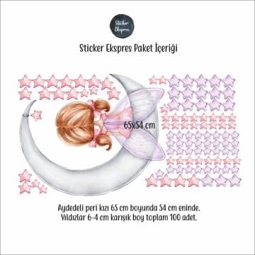Ayda Oturan Peri Kızı Ve Yıldızlar Sticker Seti