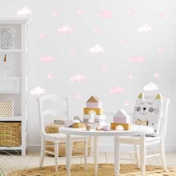 Toz Pembe Bulutlar Ve Yıldızlar Çocuk Odası Sticker Seti