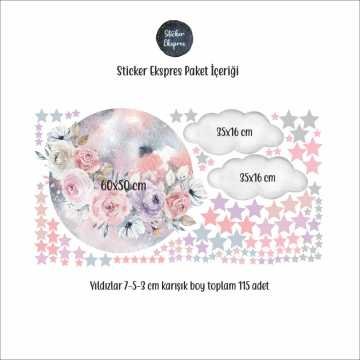 Çiçekli Dolunay Bulutlar Ve Yıldızlar Sticker Seti