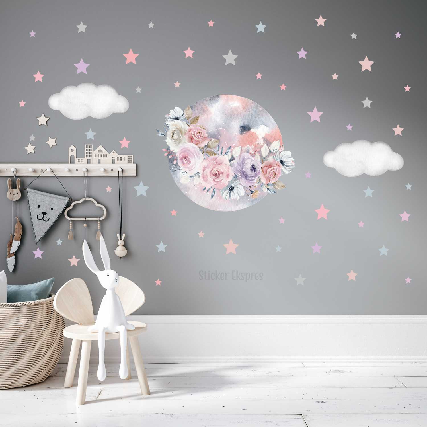 Çiçekli Dolunay Bulutlar Ve Yıldızlar Sticker Seti