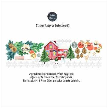 Yapraklı Süs Ve Karlı Ev Yeni Yıl Temalı Sticker Seti