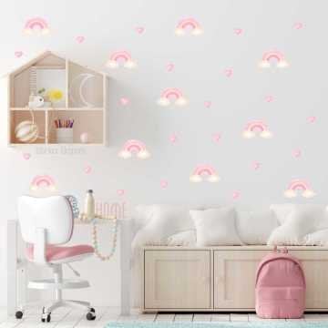Bulutlu Pembe Gökkuşakları Ve Kalpler Sticker Seti